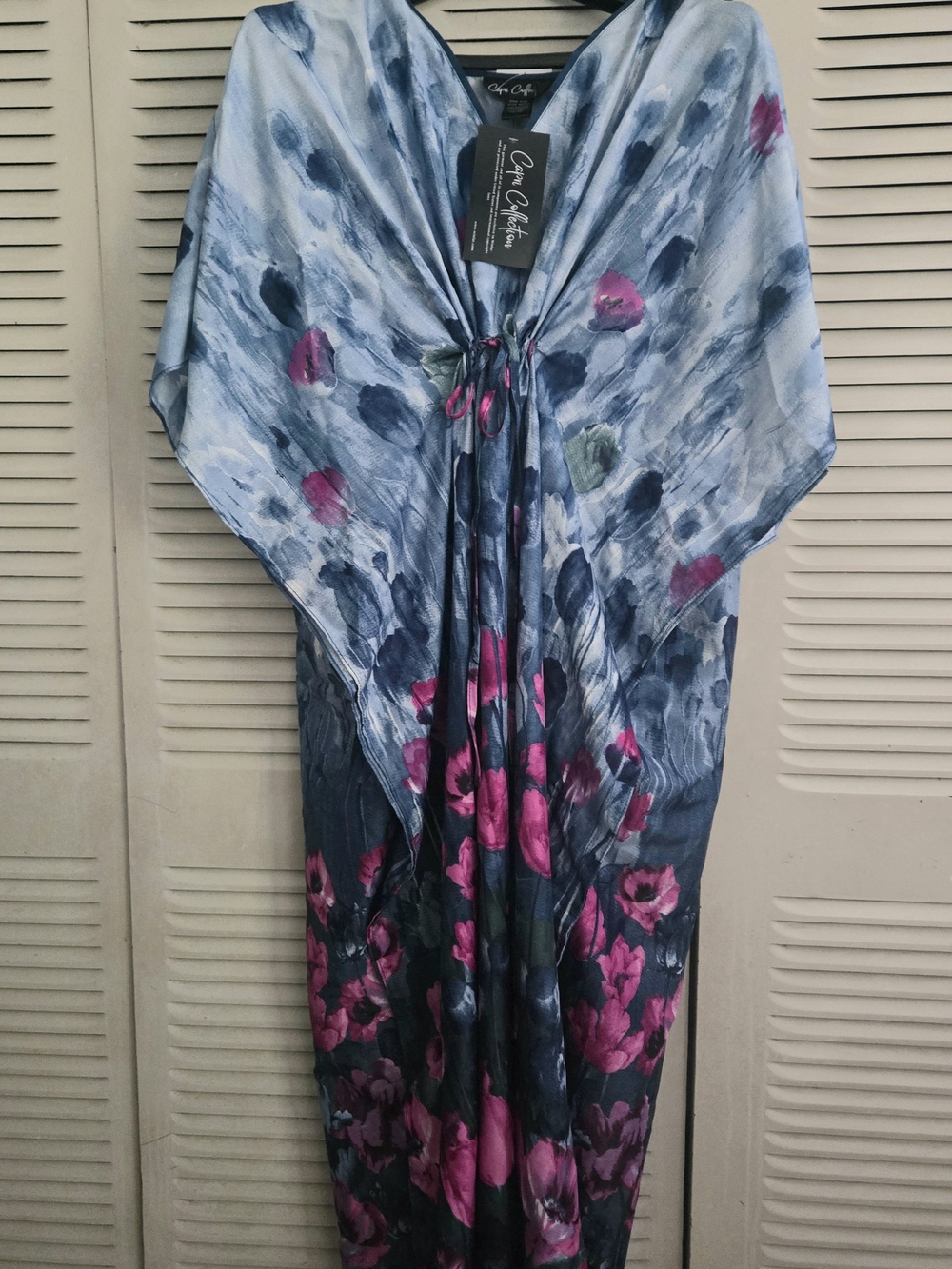 Sky-Blue & Magenta Floral Maxi Kaftan Dress by